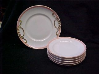 Antique French Porcelain Double Handle Cake Plate & 5 Plates W Pink Banded Borde