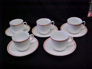 5 Antique French Porcelain Cups & Saucers W Pink Banded Pattern