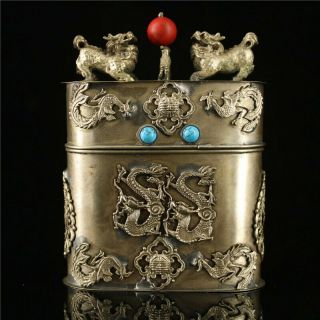 China Pure Copper Silvering Turquoise Dragon Phoenix Tea Box Toothpick Box