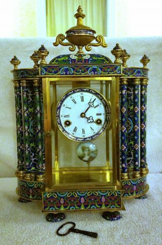 Large Vintage Chinese Cloisonne,  Enamel & Brass Mantel Clock 18 " 8 Day T&s