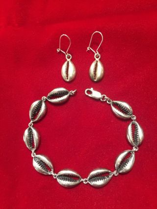 Vintage Sterling Silver Cowrie Shell Bracelet & Dangle Earrings