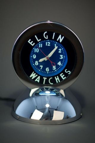 Vintage 40s 50s Chrome / Neon Elgin Watches Advertising Clock By Glo Dial