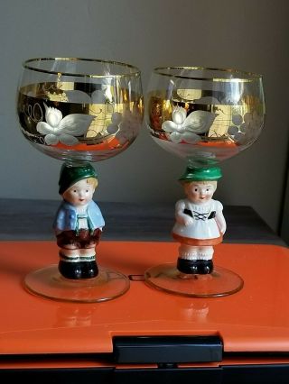2 Vintage Hummel Goebel Bavarian Boy & Girl Figurine Wine Glasses Ex