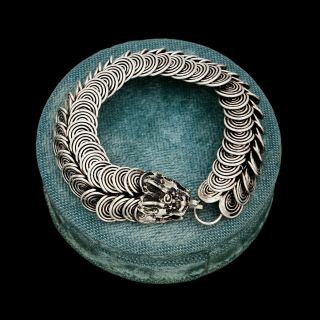 Antique Vintage Deco Sterling Silver Chinese Tibetan Articulated Dragon Bracelet