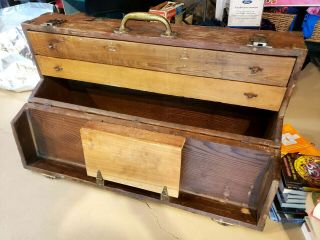Antique Vintage Wooden Wood Tool Box Chest Brass Hardware Handmade Trunk Case