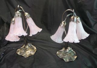 Vintage Art Deco Style Lamps With Pink Tulip Glass Shades