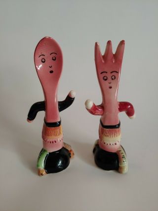 Vintage Hand Painted Anthropomorphic Spoon And Fork Salt And Pepper Shakers