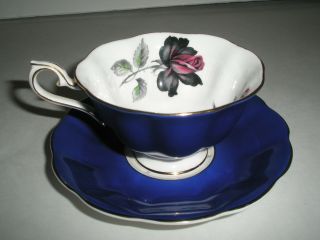 Royal Albert Colbalt Blue Masquerade Red Black Rose Avon Tea cup & Saucer 3