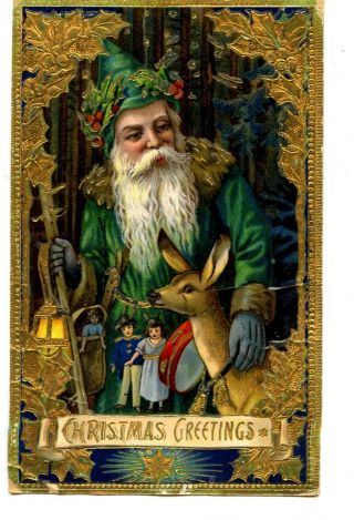 Santa Claus - Green Robe - Forest Deer - Christmas Holiday Greeting Vintage Postcard