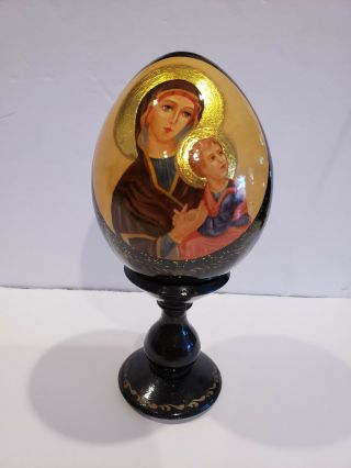 Hand Painted Lacquered Wooden Russian Orthodox Icon Egg With Stand