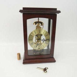 Vintage Brass Skeleton Pendulum Cherry Case Mantel Clock With Key Made In China