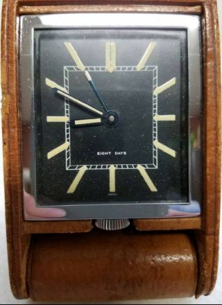 Vintage Swiss Lecoultre 8 Day Folds Leather Desk Alarm Travel Clock