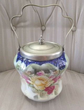 Antique German Porcelain Biscuit Jar Silver Lid Handle Cobalt Blue Green & Roses