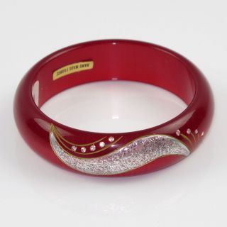 Vintage Lucite Bracelet Bangle Magenta Pink Silver Carved Design Rhinestone