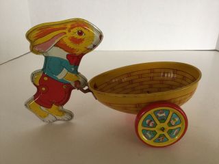 Vintage J.  Chein Easter Rabbit Tin Toy Litho Bunny Pushing Egg Cart