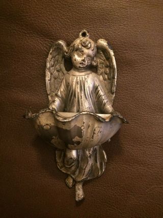 Vintage Metal Holy Water Font With Angel.  Heavy And Rare