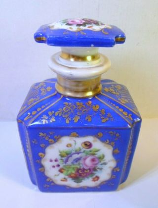 Antique Old Paris Porcelain Perfume Scent Bottle Hand Painted Flowers Royal Blue