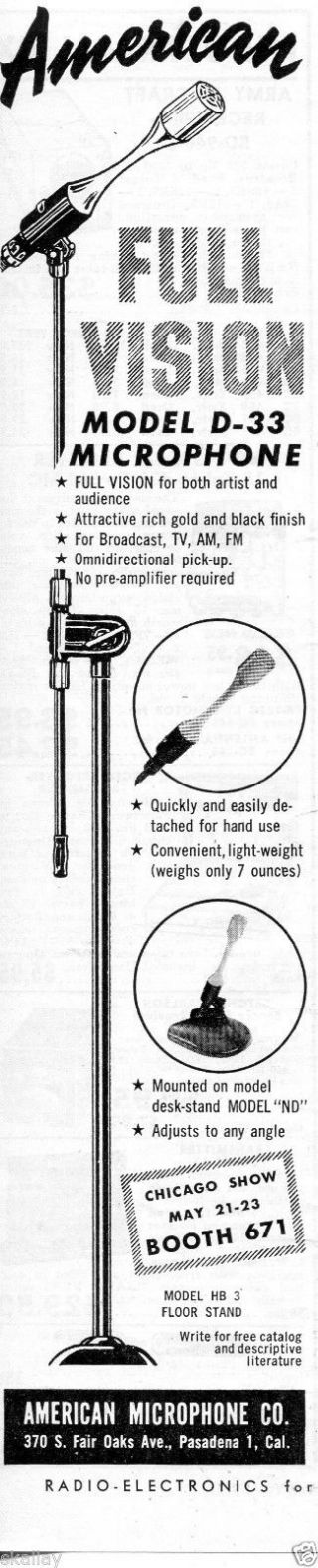 1951 Print Ad Of American Microphone Co Full Vision Model D - 33