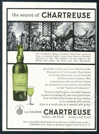 1956 Charteuse Liqueur Bottle Glass Photo Carthusian Monk Art Vintage Print Ad