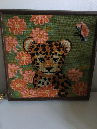 Vintage 70s Needlepoint Wall Art Tiger Jungalow Style