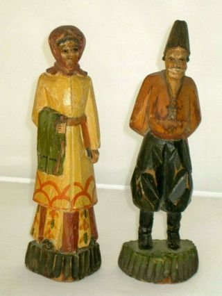 2 Antique Carved Wood Hand Painted Folk Art Man Woman Figurine