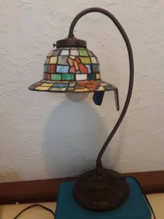 Antique Tiffany Style Small Hanging Leaded Stained Slag Glass Lamp Butterflies.