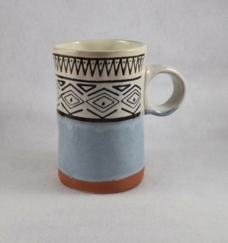Mug Meritage Stoneware Blue Brown Tribal Design Terra Cotta 5 " Tall