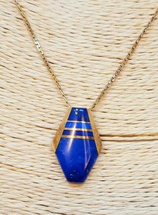Vintage Egyptian Revival Art Deco Lapis Inlaid Gold Filled Necklace Signed