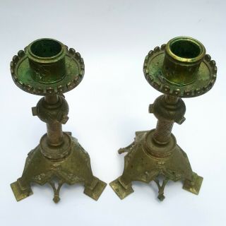 Antique GOTHIC BRASS CANDLESTICKS Victorian Candle holder Pair Clover Arch 2