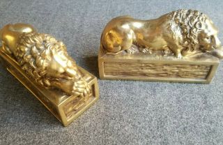 Vintage Brass Lion Bookends Antonio Canova Felt Bottom Desk Top Heavy Patina 8 "