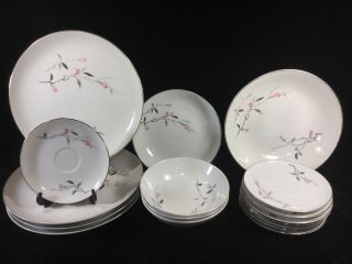 Vtg Cherry Blossom 1067 Fine China Of Japan 17 Piece Dinnerware Pink Gray Floral