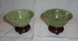 Vintage Guangdong Chinese Jade Bowls With Stands In Cloth Covered Box