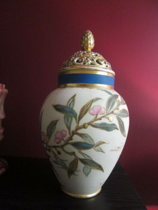 Antique Continental Austria Hand Painted Censor Vase W Lid Pink Blossoms W Gilt
