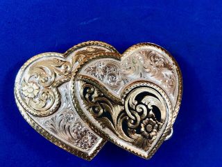 Western Montana Silversmiths Two Hearts Flower Swirl Love Belt Buckle Gold Black