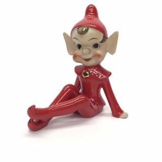 Vintage Ceramic Elf Pixie 6 " Figurine Sitting Legs Out Red Suit Hat Sonsco Japan