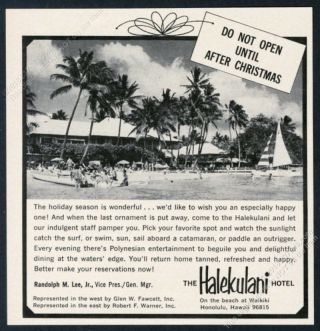 1965 Halekulani Hotel Resort Hawaii Beach Photo Christmas Vintage Print Ad