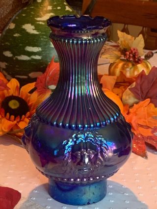 Rare C.  1909 Antique Carnival Glass Iridescent Smoke Kerosene Oil Lamp Lion Shade
