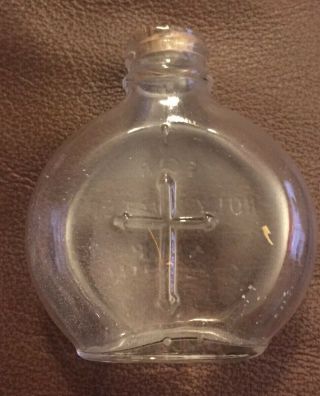 Vintage Glass Holy Water Bottle With Cork And Raised Lettering