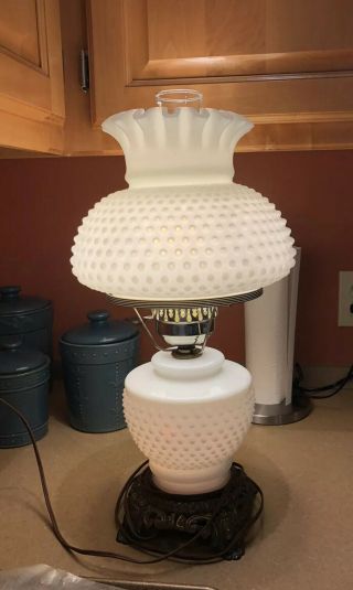 Vintage Milk Glass Hobnail Lamp Ribbon Glass Hurricane