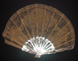 Rare Antique French Art Nouveau Mother Of Pearl Balloon Shaped Embroidered Fan