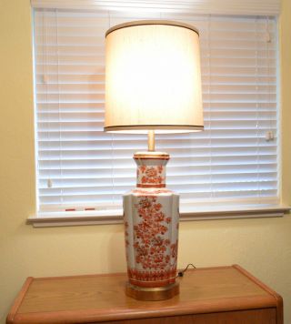 Vtg Tall Frederick Cooper Asian Coral And White Floral Table Lamp - No Shade
