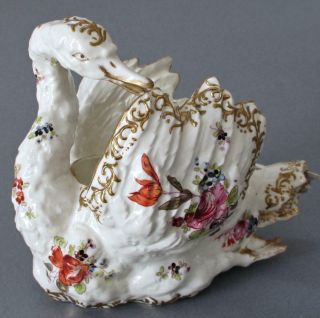 Rare Antique Hp French Porcelain Swan Planter Dresden Flowers Gilt Paste Scrolls