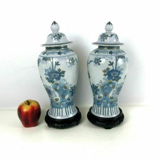 Vintage Chinese Porcelain Jars Hand Painted On Carved Stand