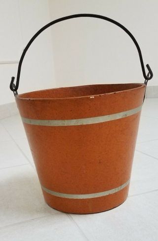 Vtg.  Large French Wood Flower/ Utility/milk Bucket With Cast Iron Handle (france)