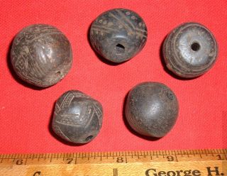 (5) Select Etched Spindle Whorl Beads From Mali,  Collectible African Beads