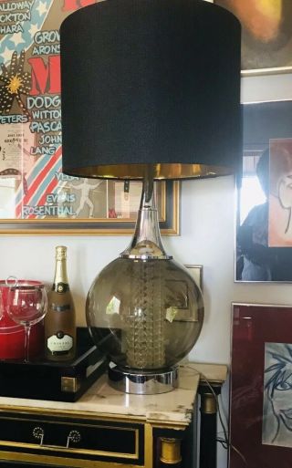 Vintage Mid Century Modern Table Lamp 1960’s Smoked Glass Ball Chrome 3 - Way 28 "