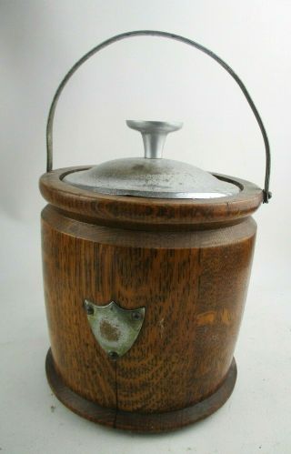 Vintage Retro Wooden Barrel Shaped Ice Bucket W/ Ceramic Liner