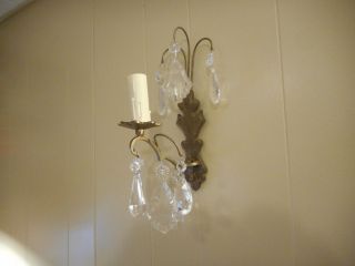 2 Vintage Brass And Crystal Electric Wall Sconces Pair