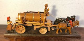 Vintage Anri Hand Carved Wood Horse Drawn Beer Wagon W 2 Figurines