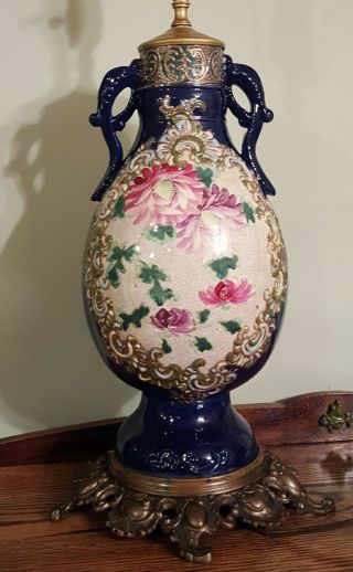 Vintage Asian Urn Porcelain Cobalt Hand Painted Floral Lamp W/brass Ornate Base